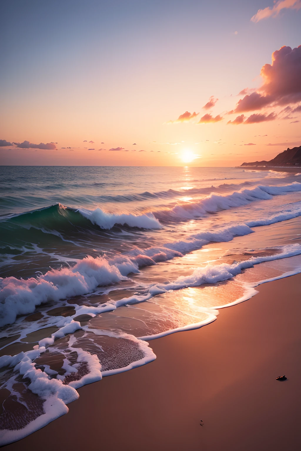 Absolutely mesmerizing sunset on the beach，The sky is mixed with orange、Pink and yellow。The sea is crystal clear，Kissing the shore tenderly，The white sand stretches as far as the eye can see。The scene is full of movement，breath-taking，Seagulls soar high in the sky，Palm trees sway gently。Soak up the calm atmosphere，Let tranquility envelop you,The moon rises --auto