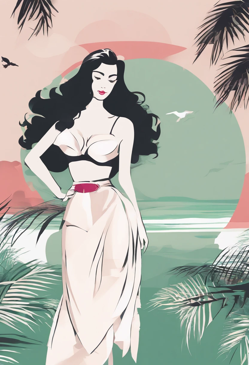 (((Huge-breasts))), Long hair, Beautiful ruby necklace, Beach, seaside, coconut palms, pale green lace bra, Coast, Stepped platform with feldspar.