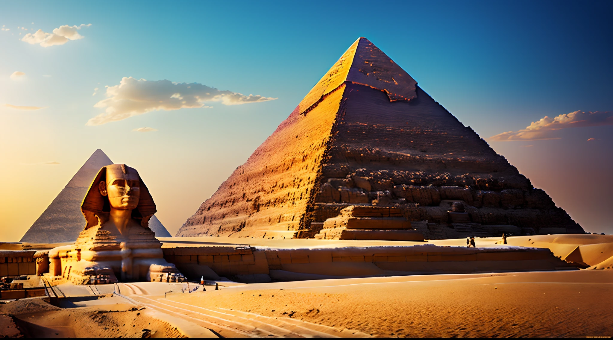 Create a visually stunning digital scene that shows the imposing pyramid of Giza. Pay special attention to the intricate details of the great sphinx. Use a rich color palette that contrasts the beauty of the necropolis with its surroundings. Artistas: Boris Vallejo, zdzislaw beksinski