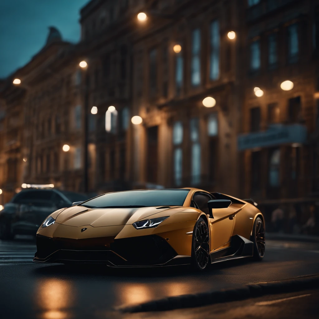 a lamborghini design in street and in the skylines in the background, illustration,