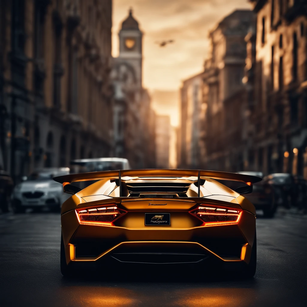 a lamborghini design in street and in the skylines in the background, illustration,