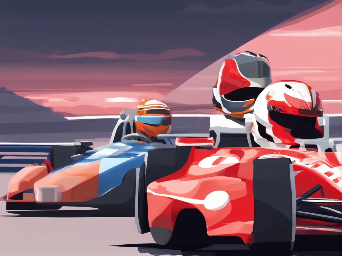Three cartoon characters are riding on a track with helmets, New AI race, Alien racing drivers, f 1, race, helmet instead of head, helmet is off, Drivers, Ferrari, Formula 1, F1 cars blurred on the background, 🔞🤡, 🐋 as 🐘 as 🤖 as 👽 as 🐳, official modern animation, cognitohazard, anime, pixelized, kids cartoon, kawaii, racing, kart, Roliman, speedway, raceway