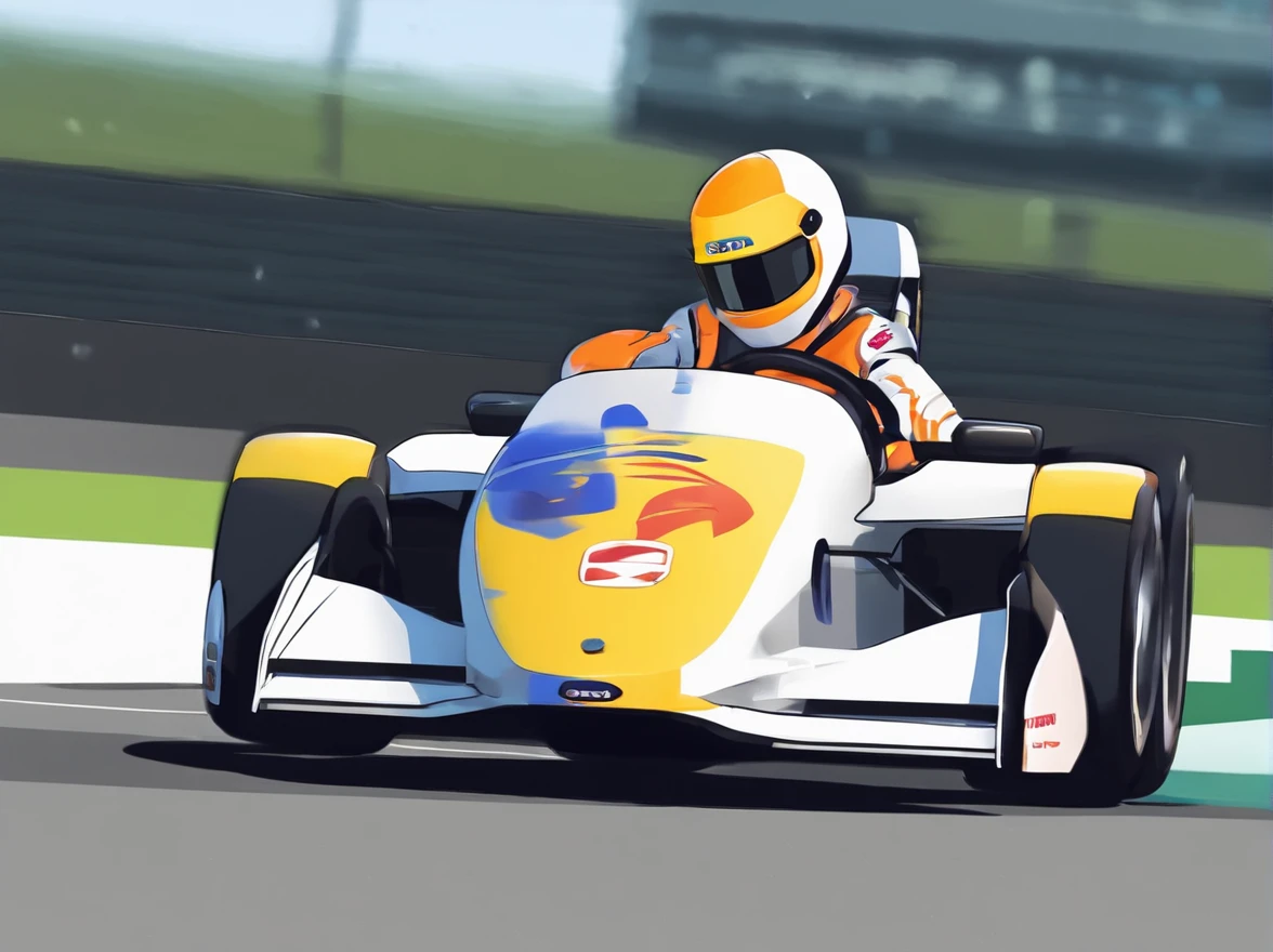 Three cartoon characters are riding on a track with helmets, New AI race, Alien racing drivers, f 1, race, helmet instead of head, helmet is off, Drivers, Ferrari, Formula 1, F1 cars blurred on the background, 🔞🤡, 🐋 as 🐘 as 🤖 as 👽 as 🐳, official modern animation, cognitohazard, anime, pixelized, kids cartoon, kawaii, racing, kart, Roliman, speedway, raceway