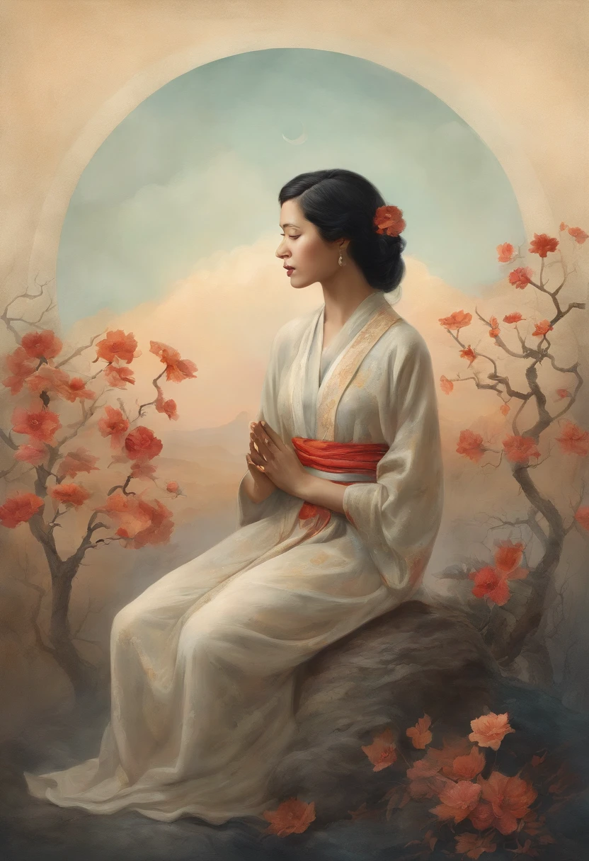 Meishu-Sama, johrei, luz divina, Japanese sitting praying to the heavens, diante de um orisonte lindo, com o sol se pondo, with one hand forward, in connection with the divine, foto retrato, Directed by: Drew Tucker, Directed by: Adam Marczyński, Directed by: Alexandre Kucharsky, Directed by: Gavin Nolan, Surrealismo 8K, Directed by: Jason Felix, Yuri Shwedoff e Tom Bagshaw, arte ilustrativa, Estilo Erik Johansson