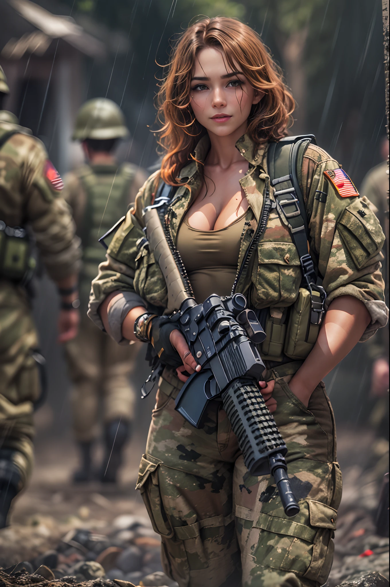 Full back body view upto feet seeing viewers,Heaven soft liquid Opal opulance 3d style woman smile, full body view,smooth fit, oily skin, wearing army pilot open zip style dress,showing clevage dress, army chain,background of war jet DSLR, F/2.8, 5D, 16k, Super-Resolution . realistic style, key visual, vibrant,, showing clevage, realistic, camouflage attire, a soldier, stripes of camouflage makeup on her face at a 45 degree angle, a tough broad, carrying a M-16 assault rifle, two, a brunette, also a soldier, three, a red haired woman soldier, all are in a rain forest together, a team, action scene, explosions in the background, a war, sunlight