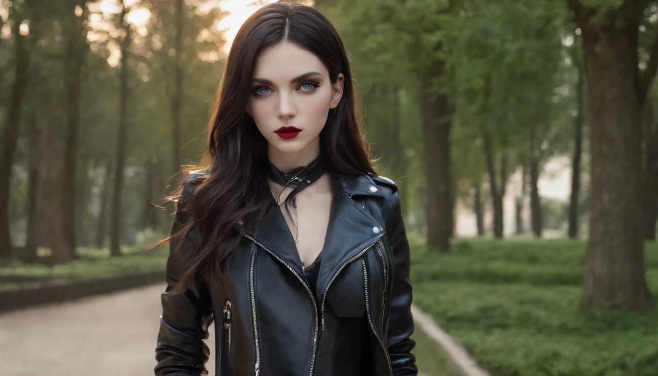 RAW, professional photograph, movie photograph, medium shot, Female, twenty years old, athletic body, soft facial features, long hair, straight hair, black hair, blue eyes, red lips, small body, flat chest, black leather pants, black leather jacket, gothic style, rock girl, sitting in a park, Realism, hyperrealism, ray tracing, high details, super detail, UHD, 8k