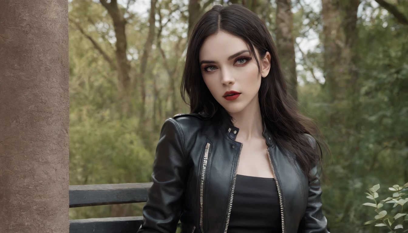 RAW, professional photograph, movie photograph, medium shot, Female, twenty years old, athletic body, soft facial features, long hair, straight hair, black hair, blue eyes, red lips, small body, flat chest, black leather pants, black leather jacket, gothic style, rock girl, sitting in a park, Realism, hyperrealism, ray tracing, high details, super detail, UHD, 8k