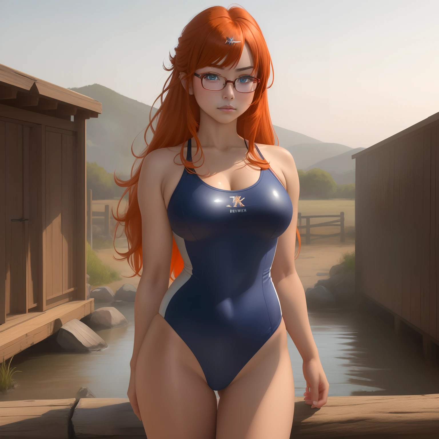 8k, masterpiece, best quality, realistic, higly detailed, cowboy shot, 1girl, solo, itsuki, serious looking girl, medium-length hair, expressive ahoge, reddish-orange hair, a pair of star-shaped hairpins near both of her eyes, dark blue eyes, average height, well-endowed figure, glasses, cute, swimsuit