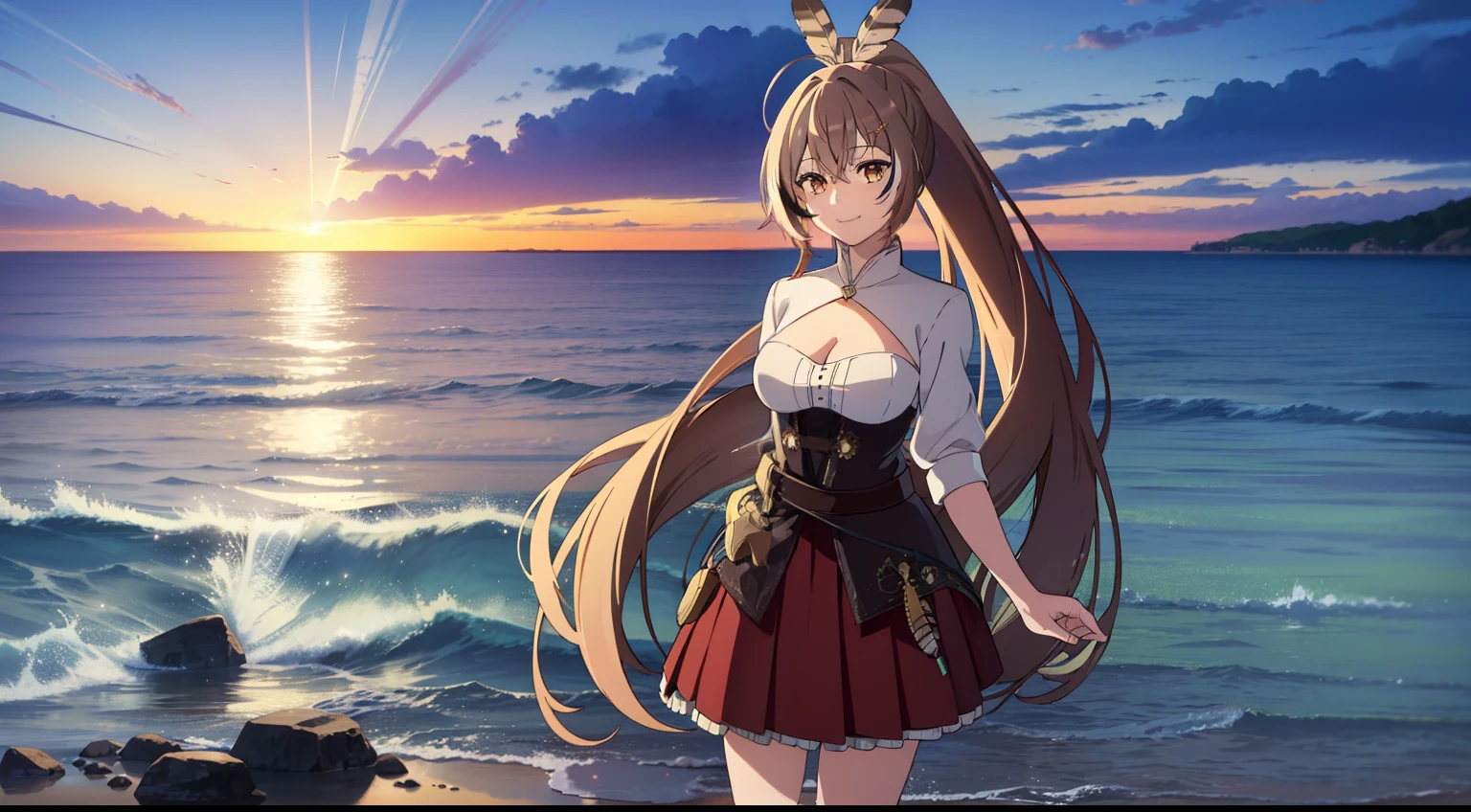 2D, HD, Detailed details, Detailed landscapes, beautiful lights, Beautiful Shadows, top-quality, Highly detailed, masterpiece, best quality, highres, aamumei, long hair, ponytail, ahoge, multicolored hair, feather hair ornament, hairclip, white shirt, brown corset, red skirt, mini breasts, closed mouth, smile, looking at viewer, highly detailed hands, highly detailed eyes, cleavage, Perfect hands, highly detailed face, full body, anime styled, blue sky, sky background, arms behind back, walk on water, sea, backdrop of dawn, horizon, Saturn in the background, wet clothes