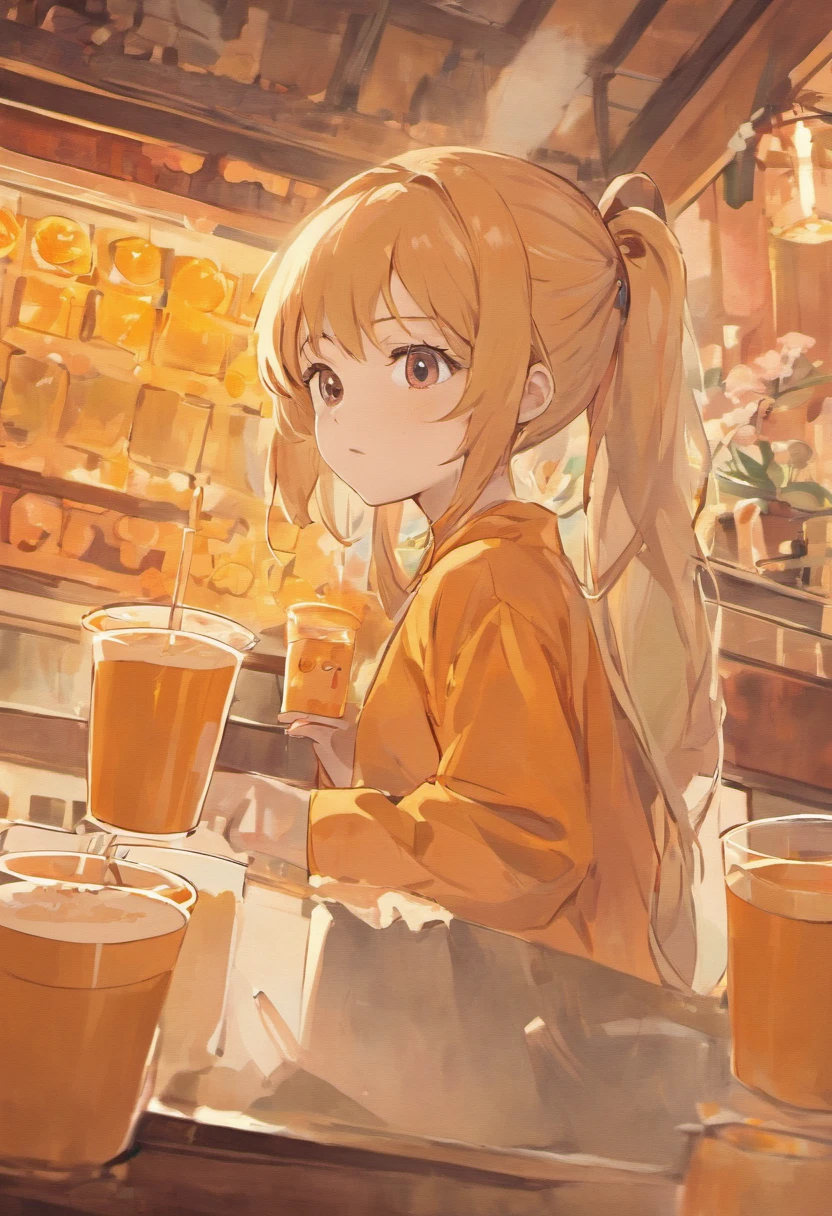Orange colors,milk tea,Flat illustration style,senior color matching,exquisitedetails,Dunhuang wind,National style,China-style,Landscape painting,Milk tea packaging design with buns