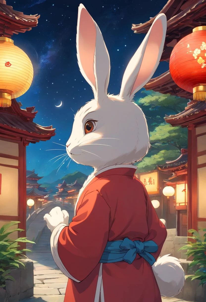 A rabbit,anthropomorphic turtle,Wear traditional Chinese clothing,Detailed and beautiful face,Chinese Mid-Autumn Festival,Stand on the white moon,There is a white Chinese palace on the moon,Look at the camera,Want to go home,Starry sky and earth as background,(full bodyesbian:1.25),(tmasterpiece:1,2),best qualityer,extremely detailed CG 8k wallpaper,best qualityer,A high resolution,Original,extremelydetailedwallpaper,