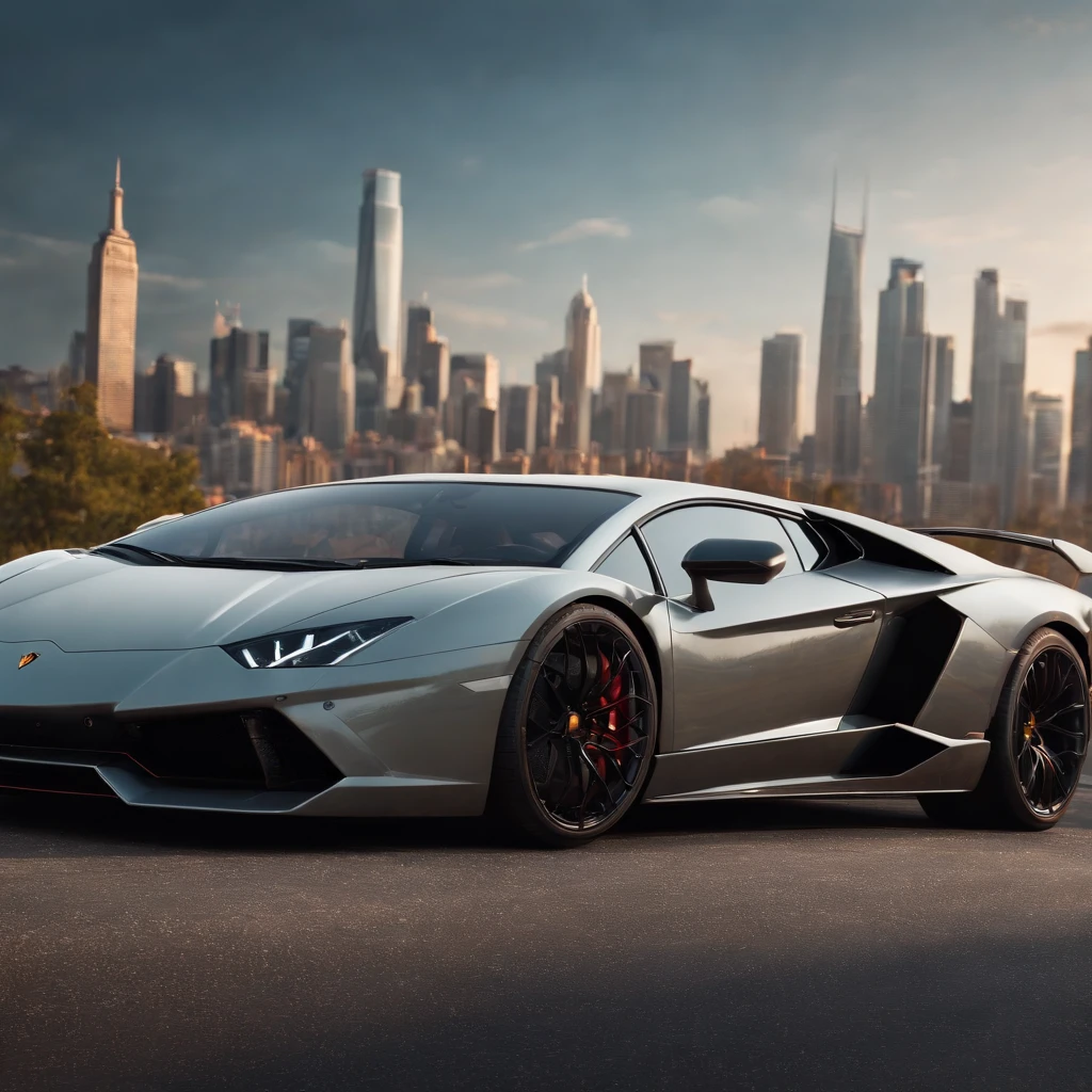 a lamborghini design in street and in the skylines in the background, illustration,