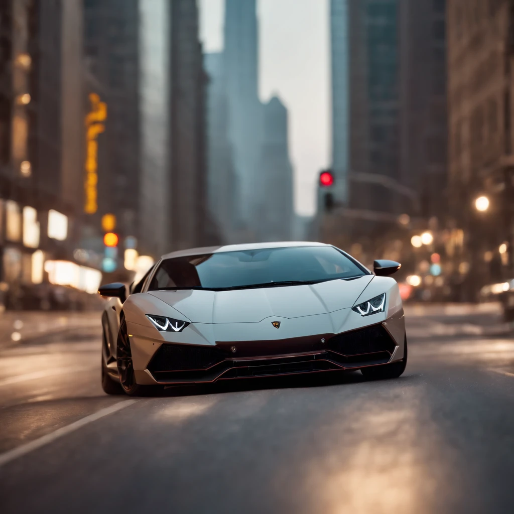 a lamborghini design in street and in the skylines in the background, illustration,