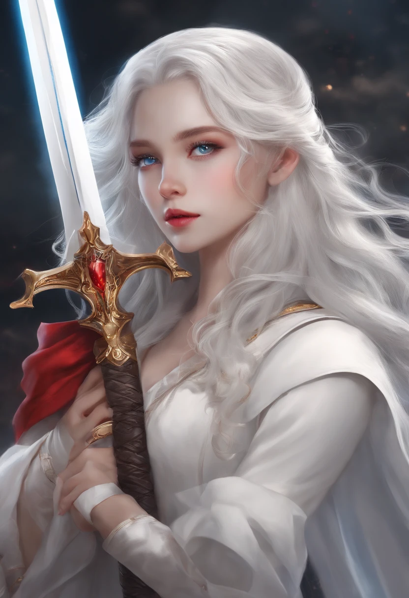 kiana,A girl with long white hair,8K,Delicate girl,Armed with a red giant sword,blue colored eyes,White clothes,Cute,Masterpiece,Gentle and sweet,火焰,