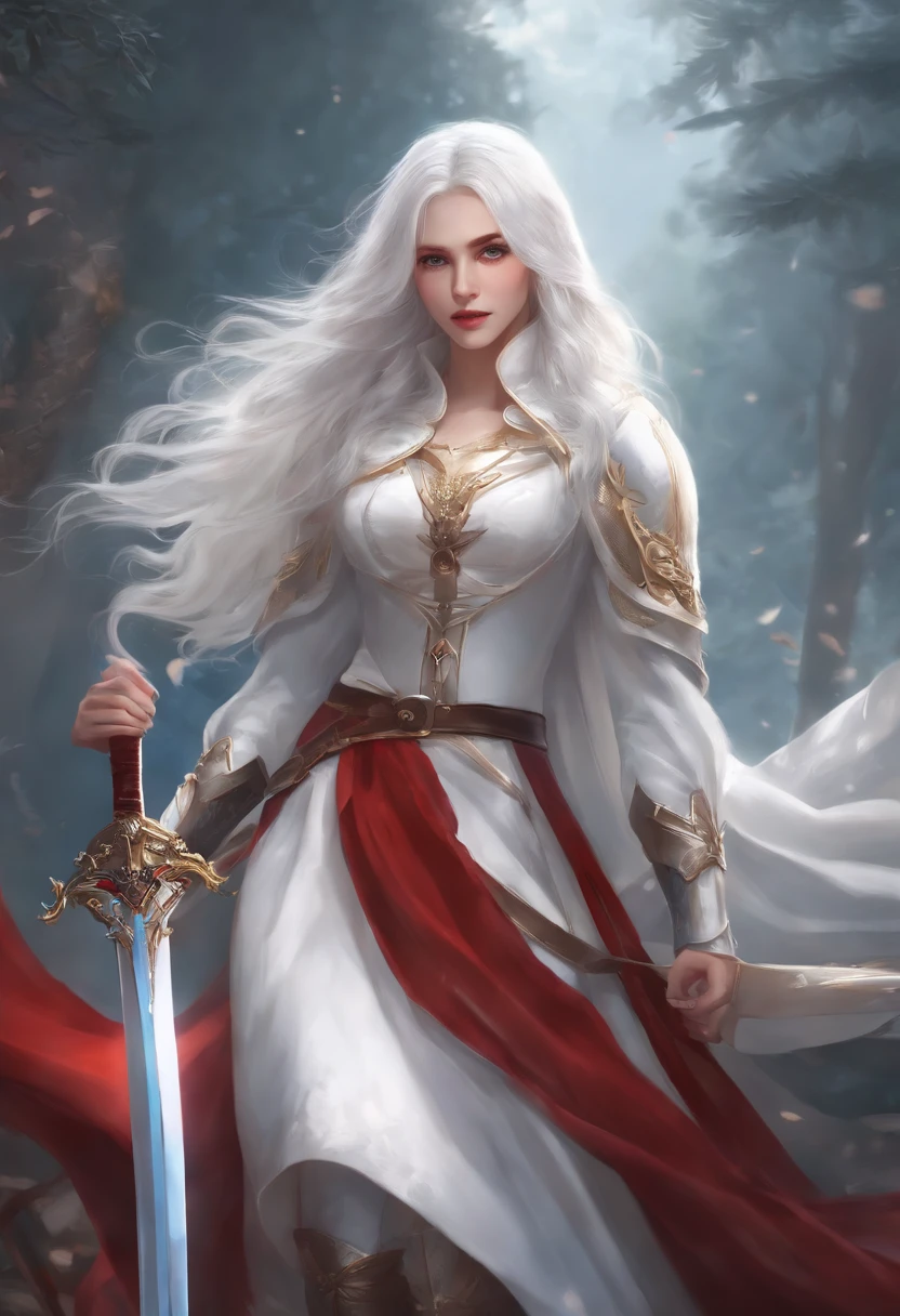 kiana,A girl with long white hair,8K,Delicate girl,Armed with a red giant sword,blue colored eyes,White clothes,Cute,Masterpiece,Gentle and sweet,火焰,