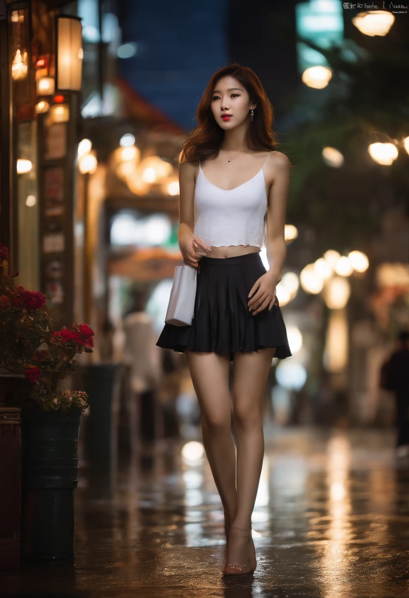 ultra realistic, best beautiful korean girl , on street, white tiered skirt (very short, wet, see-throuh, very thin), cleavage, white tank top (very thin)