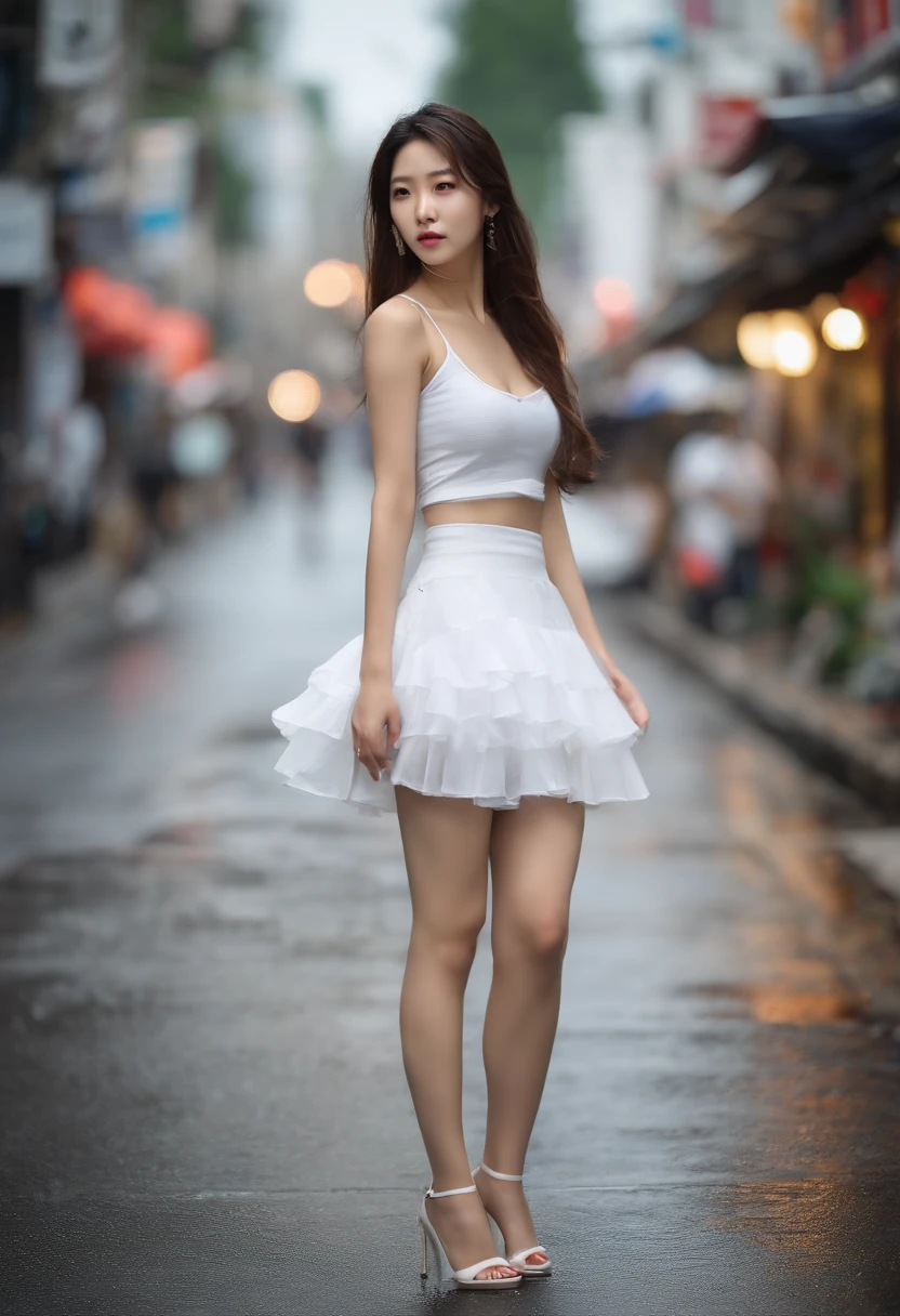 ultra realistic, best beautiful korean girl , on street, white tiered skirt (very short, wet, see-throuh, very thin), cleavage, white tank top (very thin)