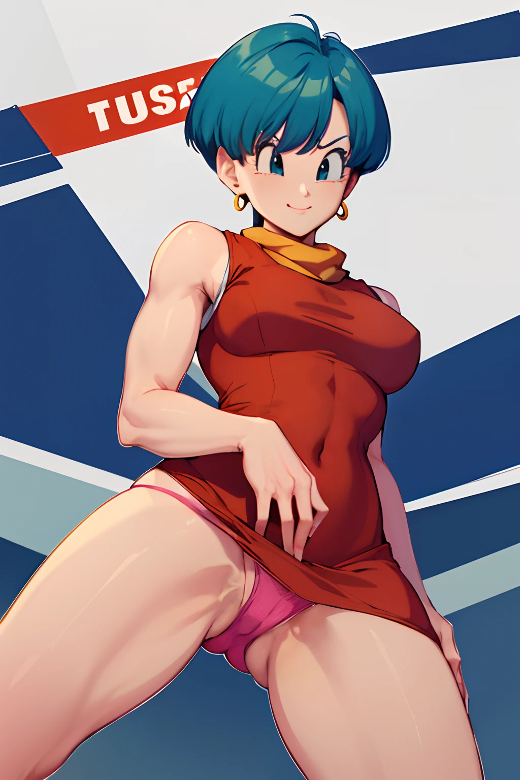 masterpiece, best quality, highres, dragon ball, blmshort, aqua hair, very short hair, earrings, jewelry, red dress, medium breasts, yellow scarf, short dress, sleeveless, smile, cowboy shot, from below, ((((masturbating under panties))))