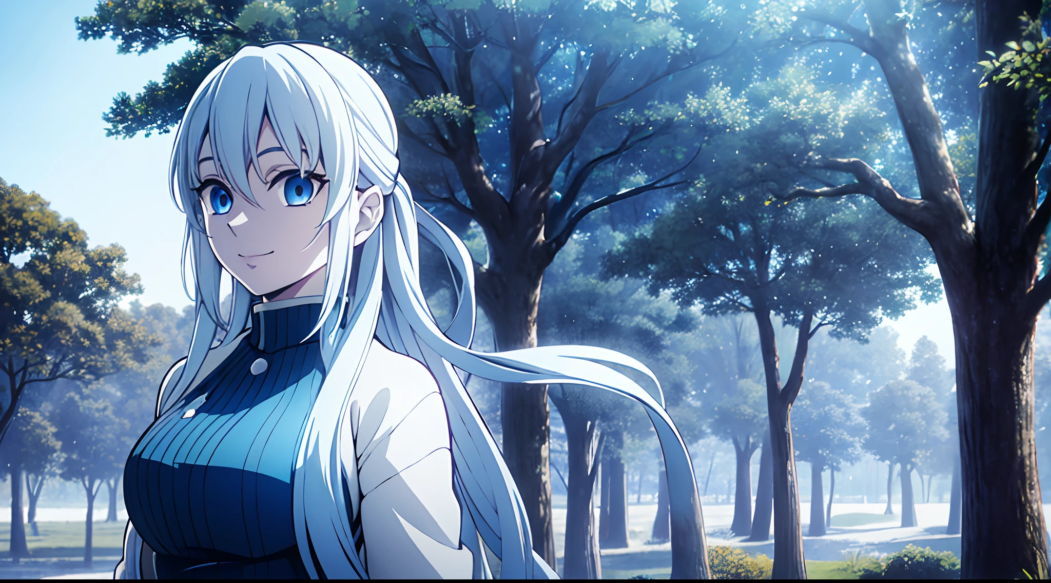 Masterpiece, Best Quality, 1Girl, Solo, Very long hair, white hair, Blue Haori with pattern, Black turtleneck, Light Blue eyes, Demon Slayer, light smile, cinematic lighting, light tracing, outdoors, tree, blue sky