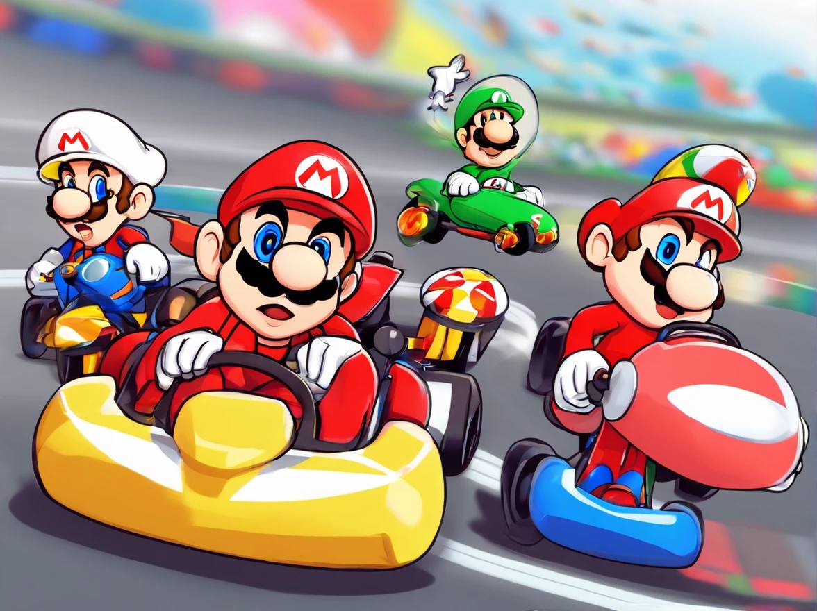 Three cartoon characters are riding on a track with helmets, New AI race, Alien racing drivers, f 1, race, helmet instead of head, helmet is off, Drivers, Ferrari, Formula 1, F1 cars blurred on the background, ๐๐คก, ๐ as ๐ as ๐ค as ๐ฝ as ๐ณ, official modern animation, cognitohazard, anime, pixelized, kids cartoon, kawaii, racing, kart, Roliman, speedway, raceway