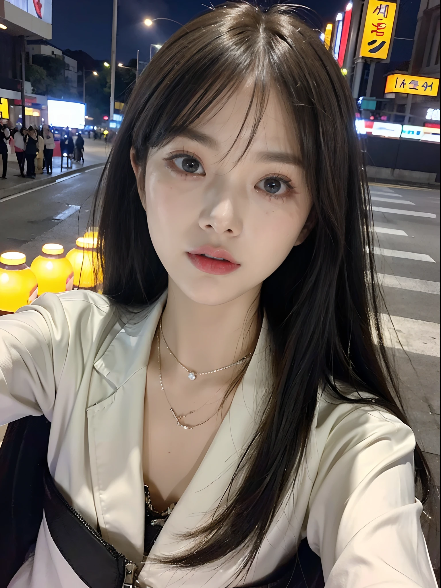 ((4K works))、masterpiece、(top-quality)、1 beutiful girl、Slim body、((Attractive clothes in black and white))、(Detailed beautiful eyes)、Take selfies on the road at night、((Face similar to Carly Rae Jepsen))、((Boyish blonde long hair))、((Smaller face))、((Neutral face))、((Bright blue eyes))、((American adult women))、((Adult female 26 years old))、((cool lady))、((Like a celebrity))、((Happy look))、((Korean Makeup))、((elongated and sharp eyes))、((Girlfriend enjoying happy date))、((boyish))、((She is walking in front of the viewer))、((Shot from an angle above the face))、((Her selfie))、((Zoom focus to face))、((Face enhancement))、((Shot close to the face))、((Face Close-up))