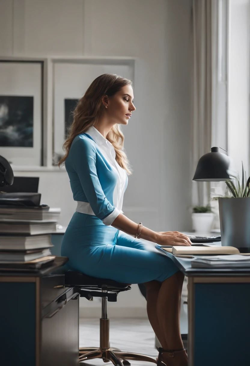 Primer plano de una mujer con camisa azul y bragas blancas, sat at her desk, en un escritorio, Sentado en un escritorio, Sitting behind the desk, frente a un ordenador, Cabello rubio y un cuerpo perfecto, Inclinarse, peeping from behind, un poco curvo, en la oficina, Sentado en el escritorio, se acabaron, Mirada seductora al frente