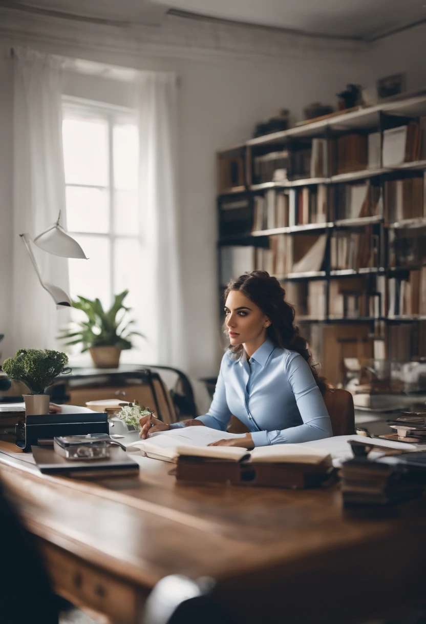 Primer plano de una mujer con camisa azul y bragas blancas, sat at her desk, en un escritorio, Sentado en un escritorio, Sitting behind the desk, frente a un ordenador, Cabello rubio y un cuerpo perfecto, Inclinarse, peeping from behind, un poco curvo, en la oficina, Sentado en el escritorio, se acabaron, Mirada seductora al frente