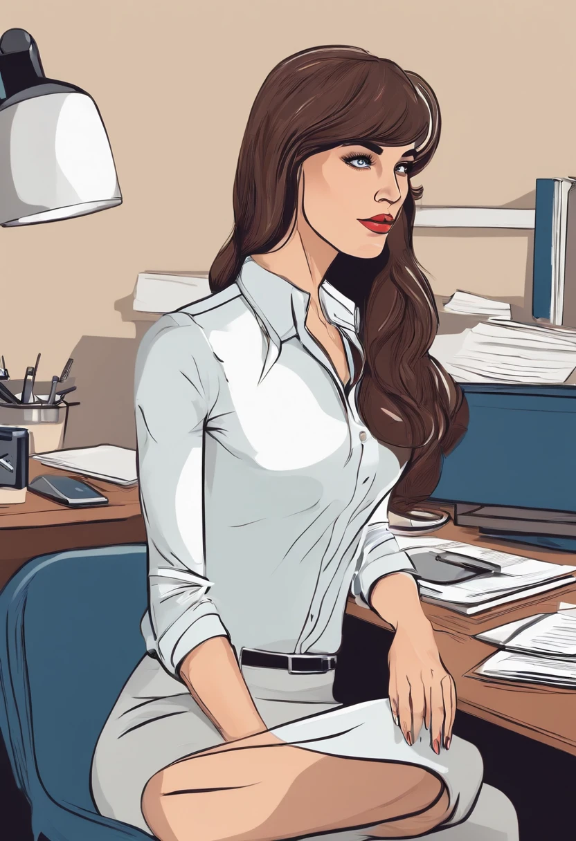 Primer plano de una mujer con camisa azul y bragas blancas, sat at her desk, en un escritorio, Sentado en un escritorio, Sitting behind the desk, frente a un ordenador, Cabello rubio y un cuerpo perfecto, Inclinarse, peeping from behind, un poco curvo, en la oficina, Sentado en el escritorio, se acabaron, Mirada seductora al frente