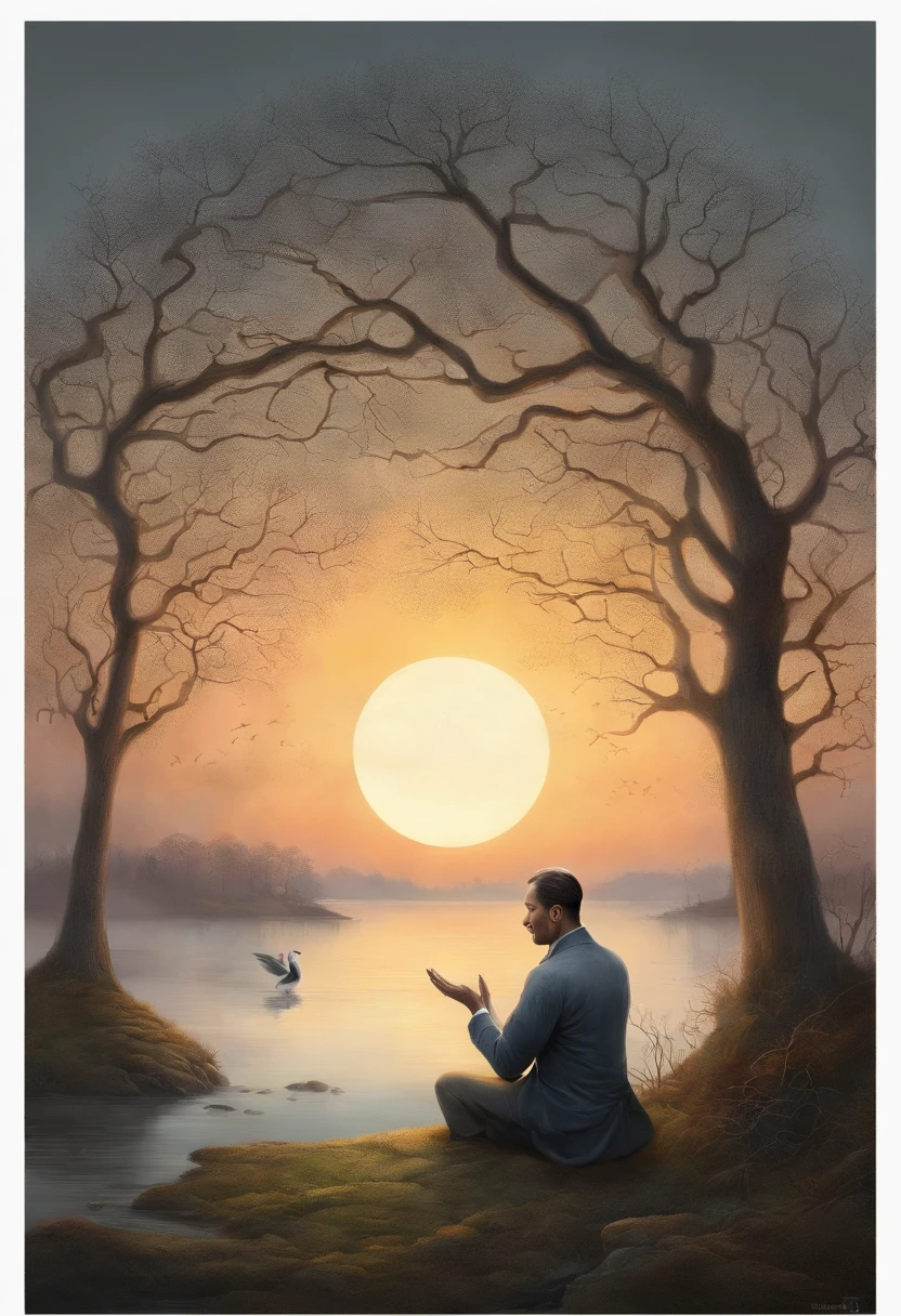 Mr. Meishu, Zoray, divine light, Japanese man praying to heaven, In front of the beautiful duck johnte, As the sun goes down, One hand forward, In relation to God, photo portrait, Directors: Drew Tucker, Directors: Adam Marczynski, Directors: Alexander Kucharsky, Directors: Gavin Nolan, 8K Surrealism, Directors: Jason Felix, Yuri Shwedoff e Tom Bagshaw, Illustration Art, Estilo Erik Johansson