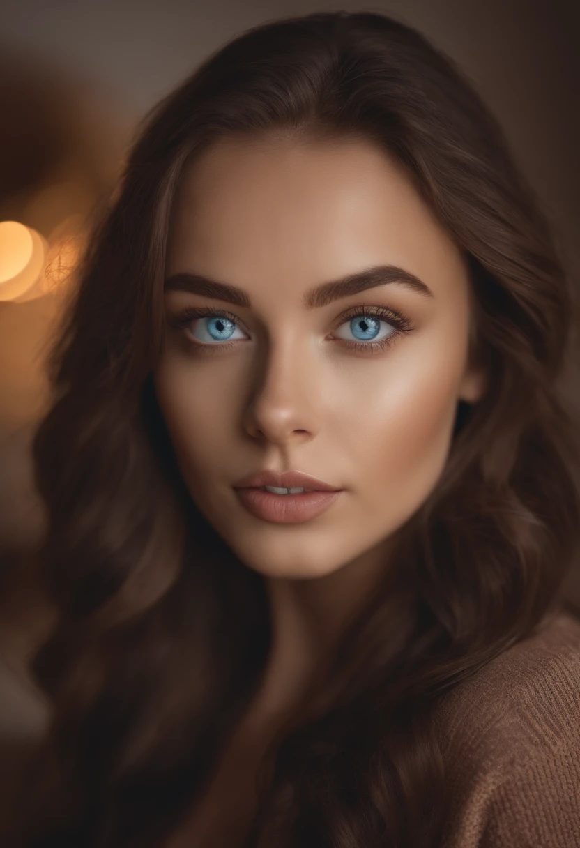 arafed woman , sexy girl with blue eyes, russian, portrait sophie mudd, brown hair and large eyes, selfie of a young woman, bedroom eyes, violet myers, without makeup, natural makeup, looking directly at the camera, face with artgram, subtle makeup, stunning full body shot, cleavage, at the mall