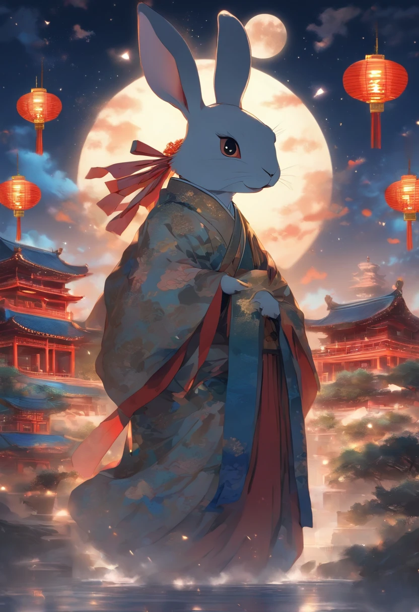 A rabbit,anthropomorphic turtle,Wear traditional Chinese clothing,Detailed and beautiful face,Chinese Mid-Autumn Festival,Stand on the white moon,There is a white Chinese palace on the moon,Look at the camera,Want to go home,Starry sky and earth as background,(full bodyesbian:1.25),(tmasterpiece:1,2),best qualityer,extremely detailed CG 8k wallpaper,best qualityer,A high resolution,Original,extremelydetailedwallpaper,