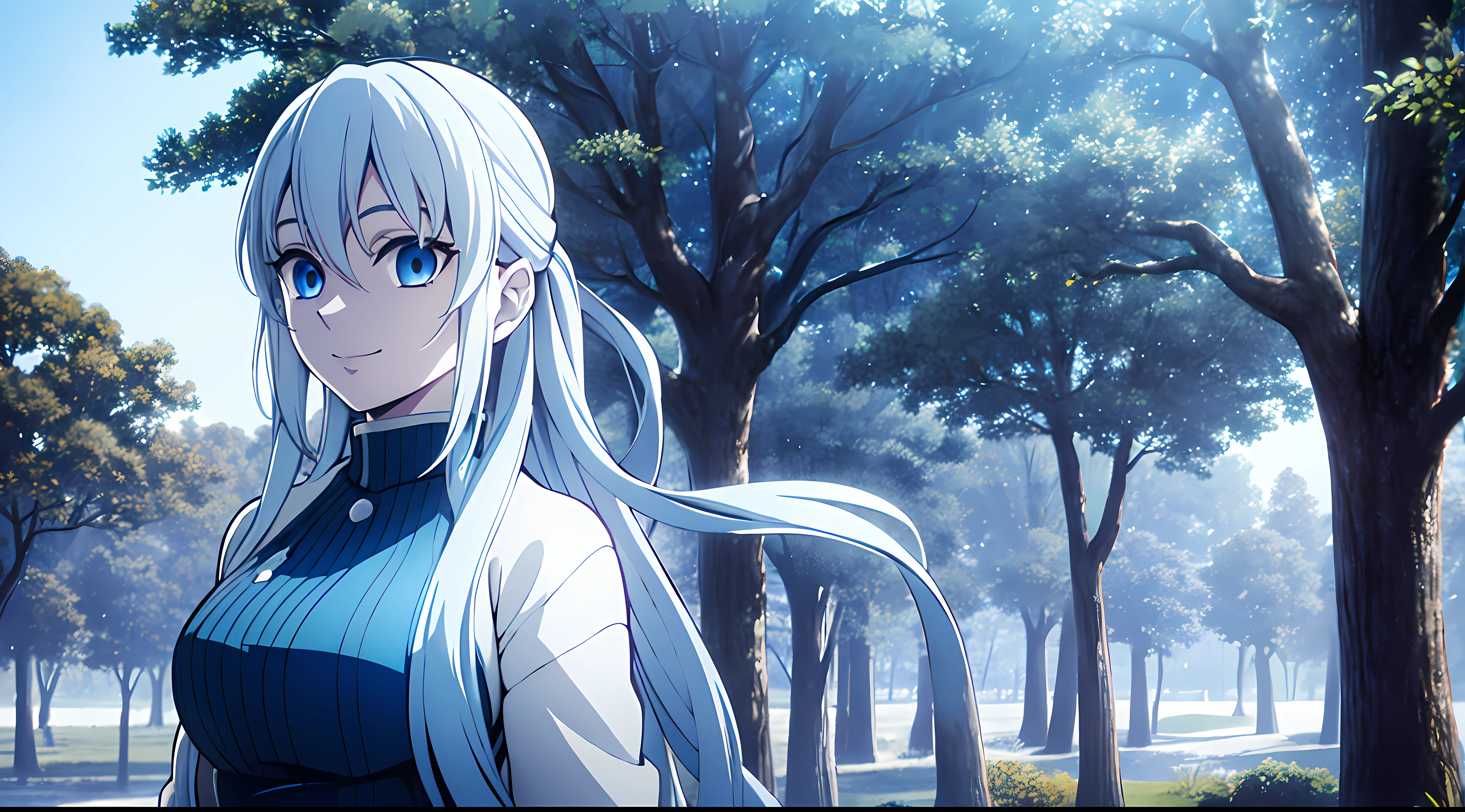 Masterpiece, Best Quality, 1Girl, Solo, Very long hair, white hair, Blue Haori with pattern, Black turtleneck, Light Blue eyes, Demon Slayer, light smile, cinematic lighting, light tracing, outdoors, tree, blue sky