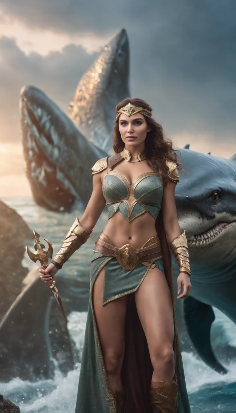 a beautiful woman queen of Atlantis super strong, muscular, ABS, sitting on a throne wearing stylish scale armor holding a trident in her hands, next to her a monster shark, a beautiful place with rising water bubbles and adorable creatures , 35mm lens, photography, ultra details, HDR, UHD,8K