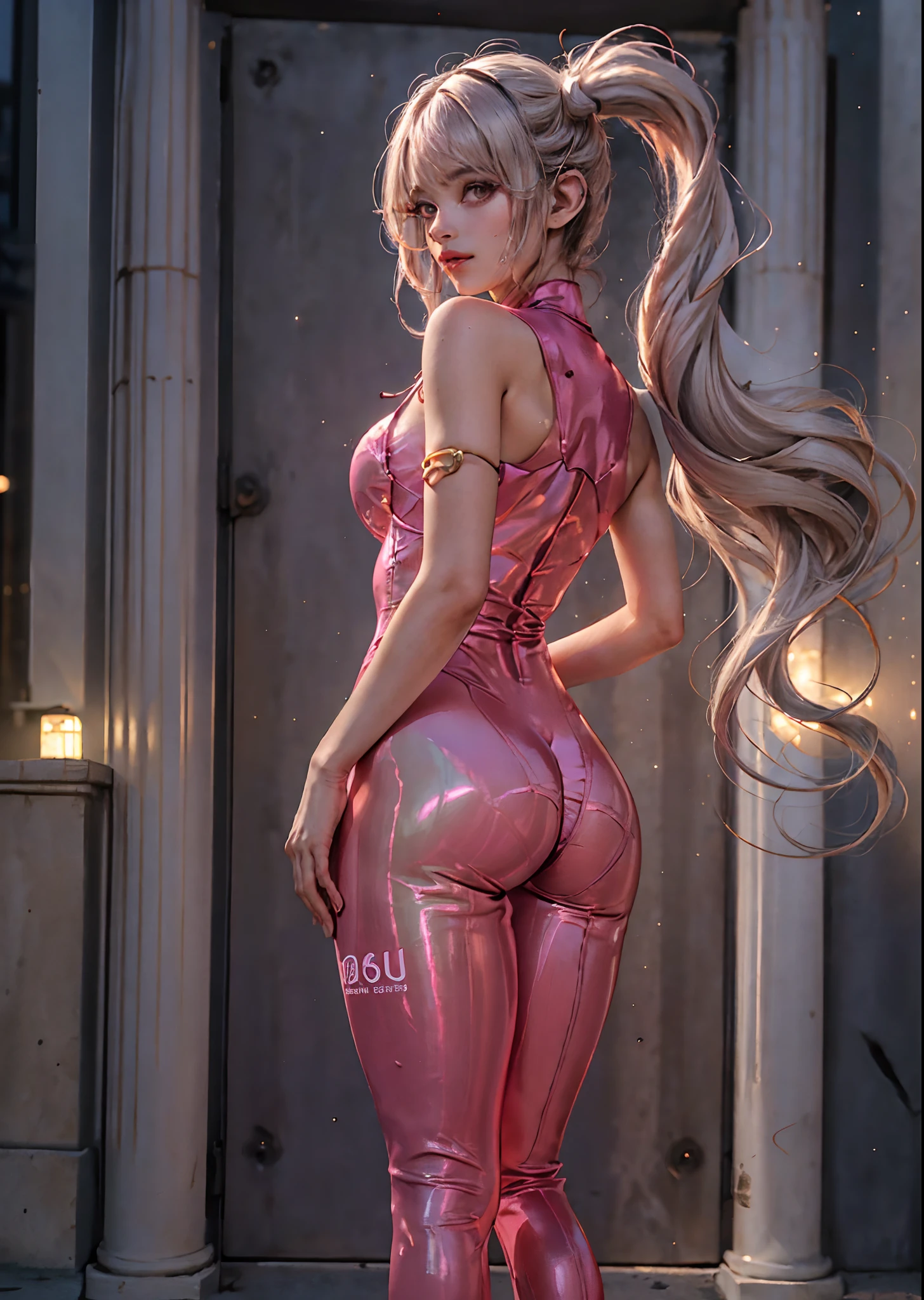 best quality, master part, Ultra high resolution, (Realismo: 1.9), foto original, 1girl, ombro nu, retrato de corpo inteiro, City lit up by futuristic neon at night, Movie Lighting , franja,bodysuit sexy, seios grandes, large buttocks, Fones de ouvido gamer, cabelo na altura dos ombros , seios grandes, separated-lips, Metallic pink bodysuit, olhos azuis, cabelo rosa, sozinho, Caudas duplas,Alice (master part:1.4),(best quality:1.4),(pele brilhante),Realistic, ((luminoso. She's standing showing her back to the camera grabbing her buttocks))