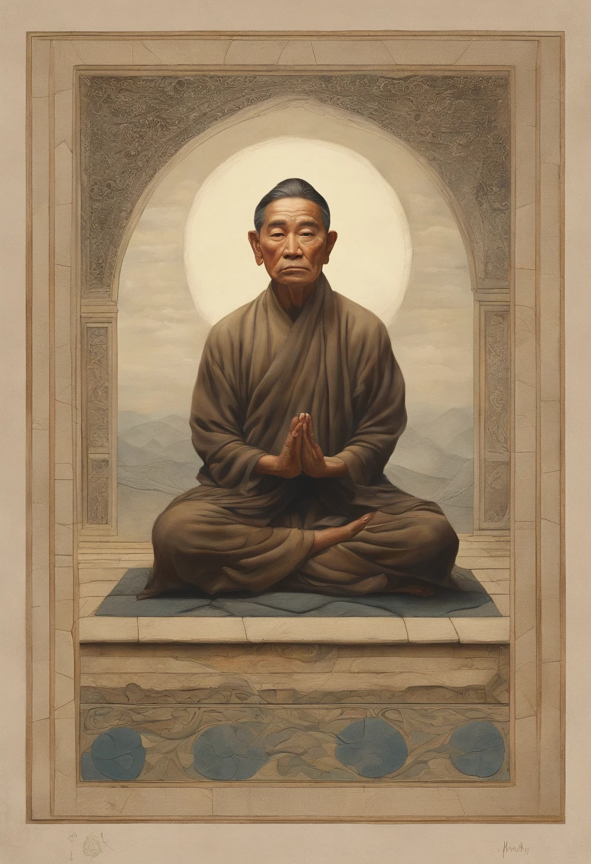 a painting of ancient Khmer Buddhist monk sitting meditation saffron robe,Khmer temple ,shaved hair,Angkor wat temple,, ,Jacques-Louis David,Jean-Léon Gérôme(tmasterpiece, best qualtiy, A high resolution: 1.4), A detailed, detail face and clothes,Complicated details,details face and architecture s, 4K,, ,Solid,full body, no ornate frame