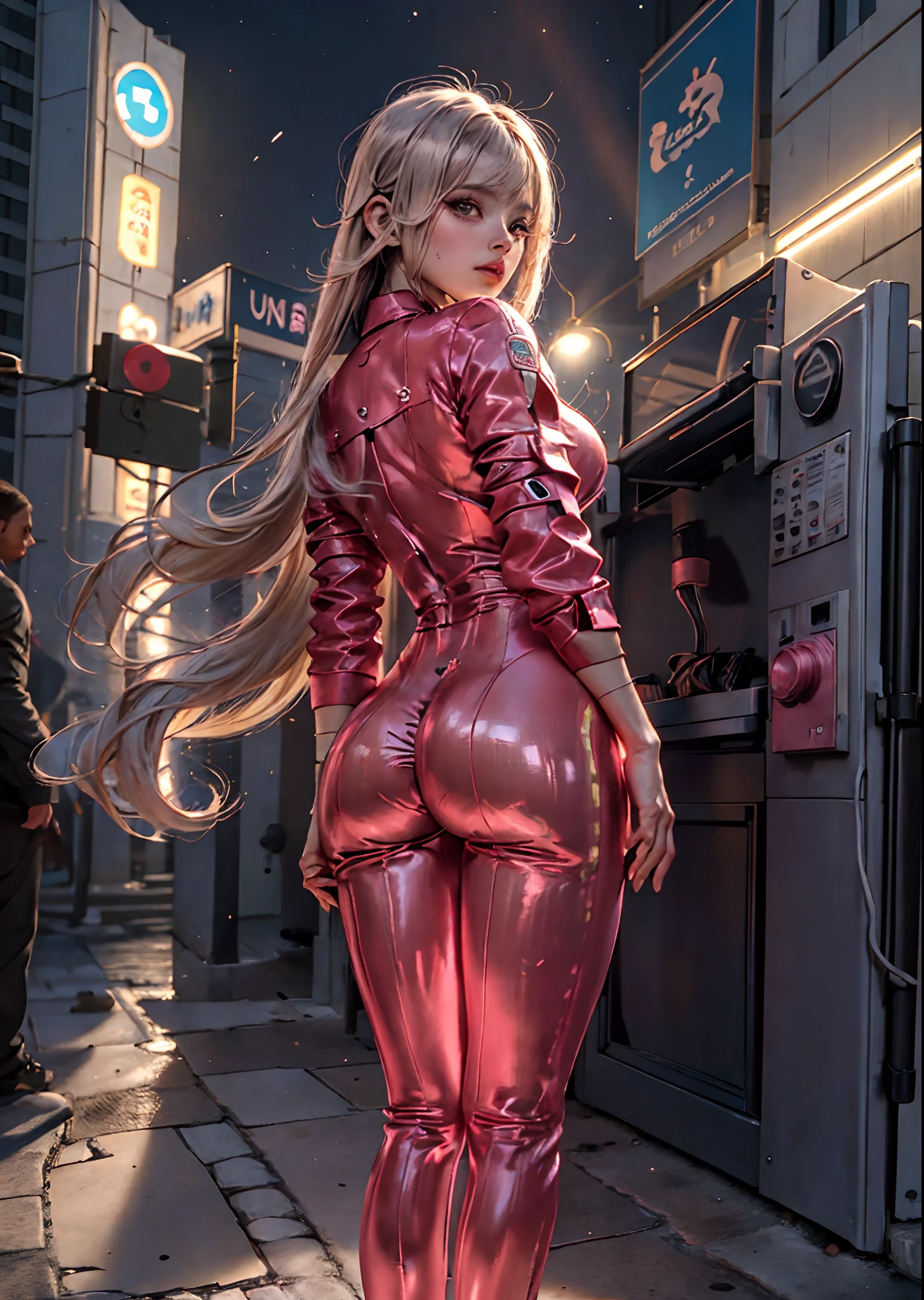 best quality, master part, Ultra high resolution, (Realismo: 1.9), foto original, 1girl, ombro nu, retrato de corpo inteiro, City lit up by futuristic neon at night, Movie Lighting , franja,bodysuit sexy, seios grandes, large buttocks, Fones de ouvido gamer, cabelo na altura dos ombros , seios grandes, separated-lips, Metallic pink bodysuit, olhos azuis, cabelo rosa, sozinho, Caudas duplas,Alice (master part:1.4),(best quality:1.4),(pele brilhante),Realistic, ((luminoso. She's standing showing her back to the camera grabbing her buttocks))