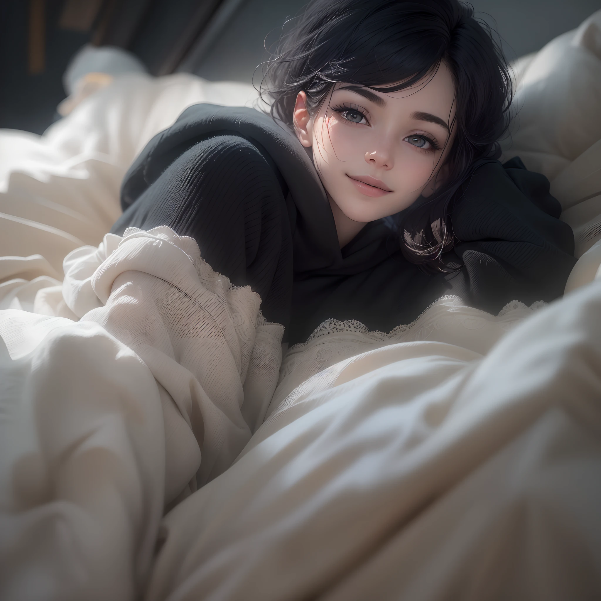 (best quality, ultra-detailed, realistic:1.37), 1girl, lying in bed, pale skin, black short hair, black hoodie, black thigh high, lace, nylon, cozy bedroom, soft lighting, peaceful atmosphere, relaxed expression, delicate features, subtle smile, dreamy ambiance, elegant posture, minimalistic decor, monochromatic color scheme, smooth texture, cinematic composition