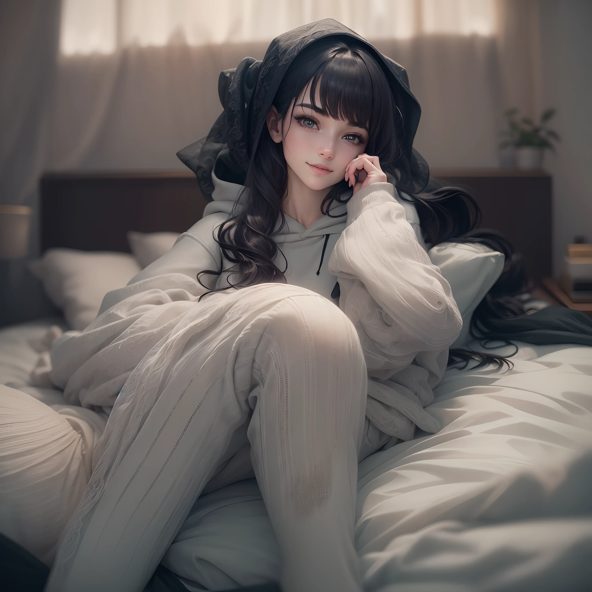 (best quality, ultra-detailed, realistic:1.37), 1girl, lying in bed, pale skin, black short hair, black hoodie, black thigh high, lace, nylon, cozy bedroom, soft lighting, peaceful atmosphere, relaxed expression, delicate features, subtle smile, dreamy ambiance, elegant posture, minimalistic decor, monochromatic color scheme, smooth texture, cinematic composition