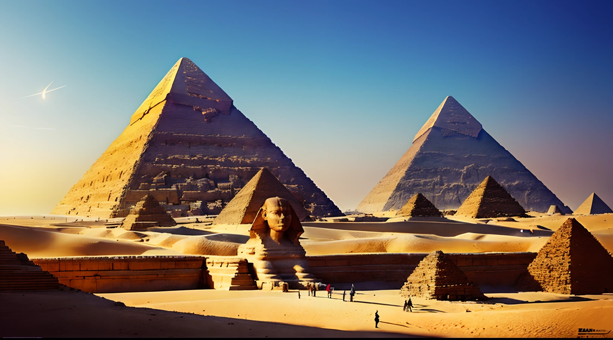 Create a visually stunning digital scene that showcases the towering pyramid of Giza. Pay special attention to the intricate details of the great sphinx. Use a rich color palette that contrasts the beauty of the necropolis with its surroundings. Artists: Boris Vallejo, Zdzislaw Beksinski