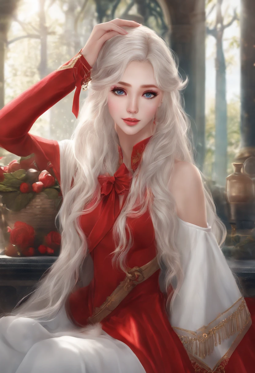 kiana，A girl with long white hair，8K，Delicate girl，Armed with a red giant sword，blue colored eyes，White clothes，Cute，Masterpiece，Gentle and sweet，Wear a red coat，