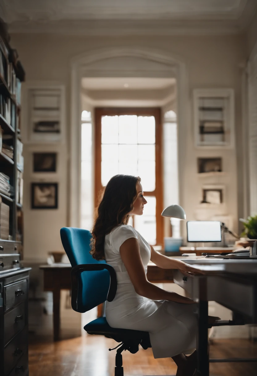 Primer plano de una mujer con camisa azul y bragas blancas, sat at her desk, en un escritorio, Sentado en un escritorio, Sitting behind the desk, frente a un ordenador, Cabello rubio y un cuerpo perfecto, Inclinarse, peeping from behind, un poco curvo, en la oficina, Sentado en el escritorio, se acabaron, Mirada seductora al frente
