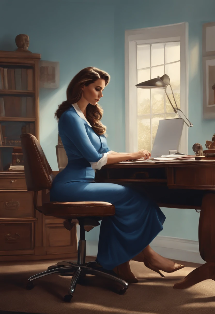Primer plano de una mujer con camisa azul y bragas blancas, sat at her desk, en un escritorio, Sentado en un escritorio, Sitting behind the desk, frente a un ordenador, Cabello rubio y un cuerpo perfecto, Inclinarse, peeping from behind, un poco curvo, en la oficina, Sentado en el escritorio, se acabaron, Mirada seductora al frente