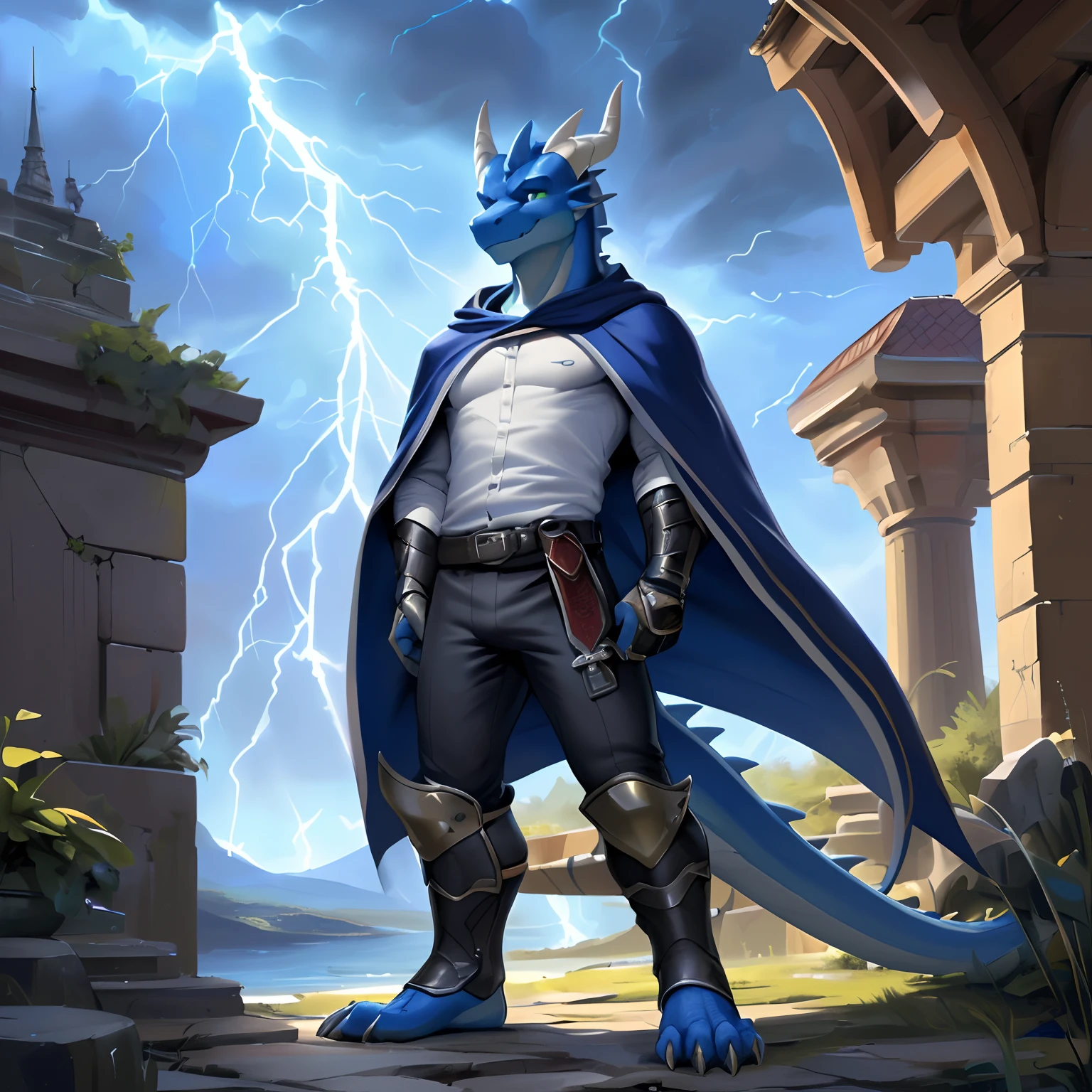 (masterpiece, best quality, high quality, highres:1.4), detailed, extremely detailed, ambient soft lighting, 4K, by (by Pino Daeni, (by ruaidri), yupa, kiyosan,(by meesh), (by fffffolder)), delga: (slim, athletic, dragon, blue body, smooth skin, genderless, anthro legs, (dragon feet), (toe claw), green eyes, blue spikes, sword (detailed eyes), lightning, thunder, (clothing, (topwear:white shirt, cloak), handwear:(none), bottomwear:(pants:black, [[leg armor]]))), handsome, closed_mouth, ((serious_look, serious)) tag:1boy), standing, holding sword, portrait