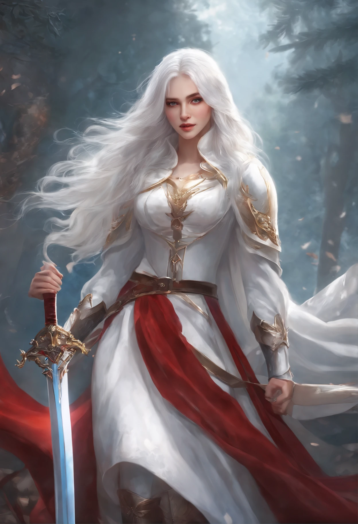 kiana,A girl with long white hair,8K,Delicate girl,Armed with a red giant sword,blue colored eyes,White clothes,Cute,Masterpiece,Gentle and sweet,火焰,
