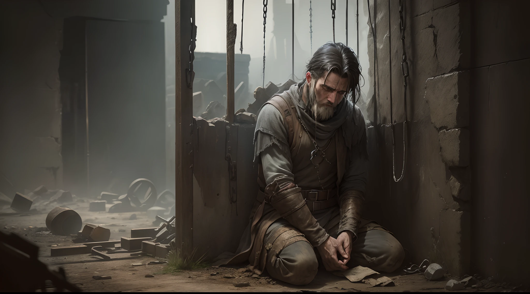 Masterpiece, Highest quality)), Detailed face, , full bodyesbian, Full of details, man, faceless, no eyes, waking up in cave, ragged clothes, (((tied up))), arms tied, legs tied, comprising position, handcuffed, leg cuffed, can't move, ,(((chained up)))