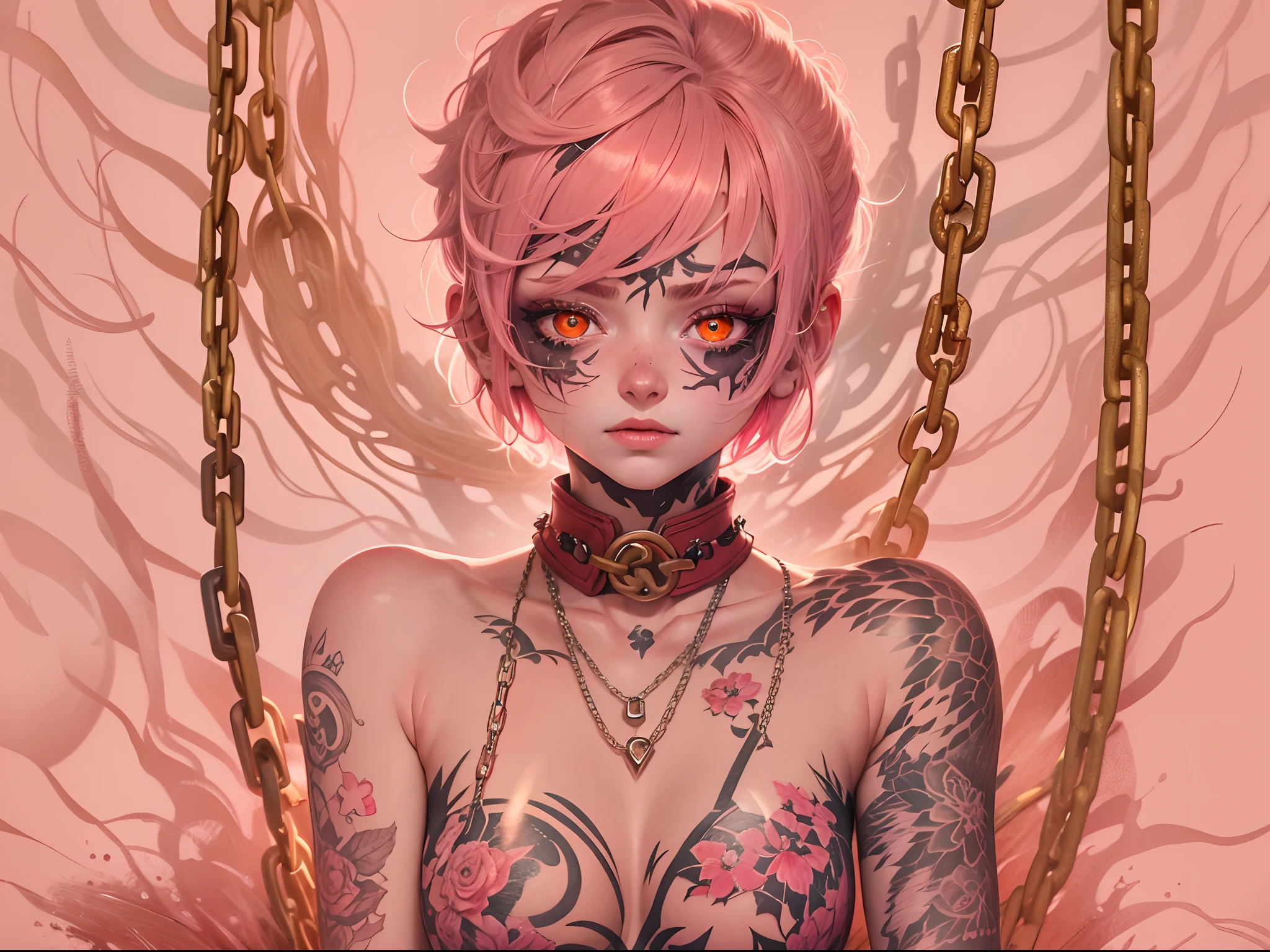 In hell，The defeated goddess，pink short hair，Pink pupils，Hands are tied in chains，Beggars short sleeves，Red shorts，spread their legs，The whole body is covered with tattoos