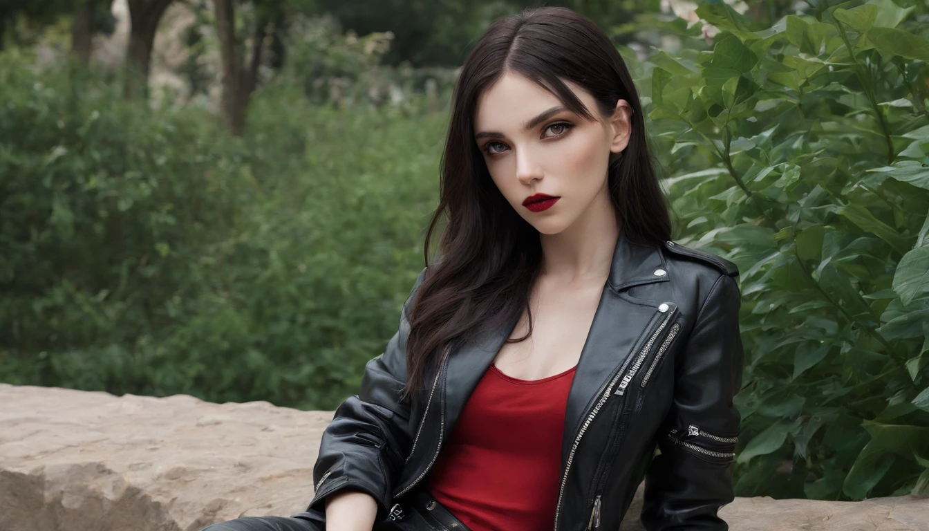 RAW, professional photograph, movie photograph, medium shot, Female, twenty years old, athletic body, soft facial features, long hair, straight hair, black hair, blue eyes, red lips, small body, flat chest, black leather pants, black leather jacket, gothic style, rock girl, sitting in a park, Realism, hyperrealism, ray tracing, high details, super detail, UHD, 8k