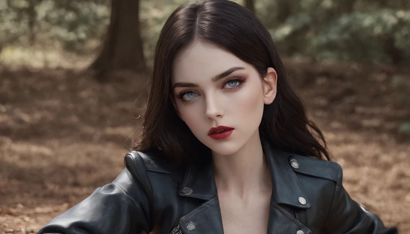 RAW, professional photograph, movie photograph, medium shot, Female, twenty years old, athletic body, soft facial features, long hair, straight hair, black hair, blue eyes, red lips, small body, flat chest, black leather pants, black leather jacket, gothic style, rock girl, sitting in a park, Realism, hyperrealism, ray tracing, high details, super detail, UHD, 8k