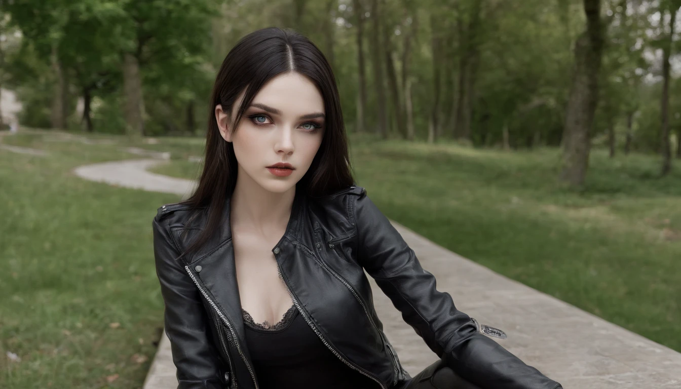 RAW, professional photograph, movie photograph, medium shot, Female, twenty years old, athletic body, soft facial features, long hair, straight hair, black hair, blue eyes, red lips, small body, flat chest, black leather pants, black leather jacket, gothic style, rock girl, sitting in a park, Realism, hyperrealism, ray tracing, high details, super detail, UHD, 8k