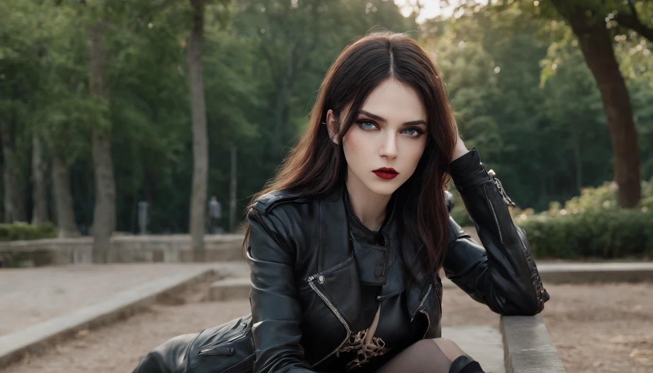 RAW, professional photograph, movie photograph, medium shot, Female, twenty years old, athletic body, soft facial features, long hair, straight hair, black hair, blue eyes, red lips, small body, flat chest, black leather pants, black leather jacket, gothic style, rock girl, sitting in a park, Realism, hyperrealism, ray tracing, high details, super detail, UHD, 8k